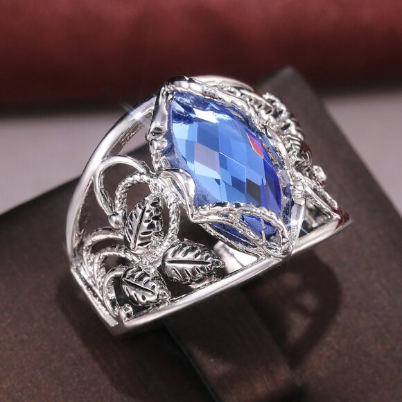 Double Layer Blue Marquis Carved Zircon Vintage Rings for Women, PD011 - Picture 5 of 9